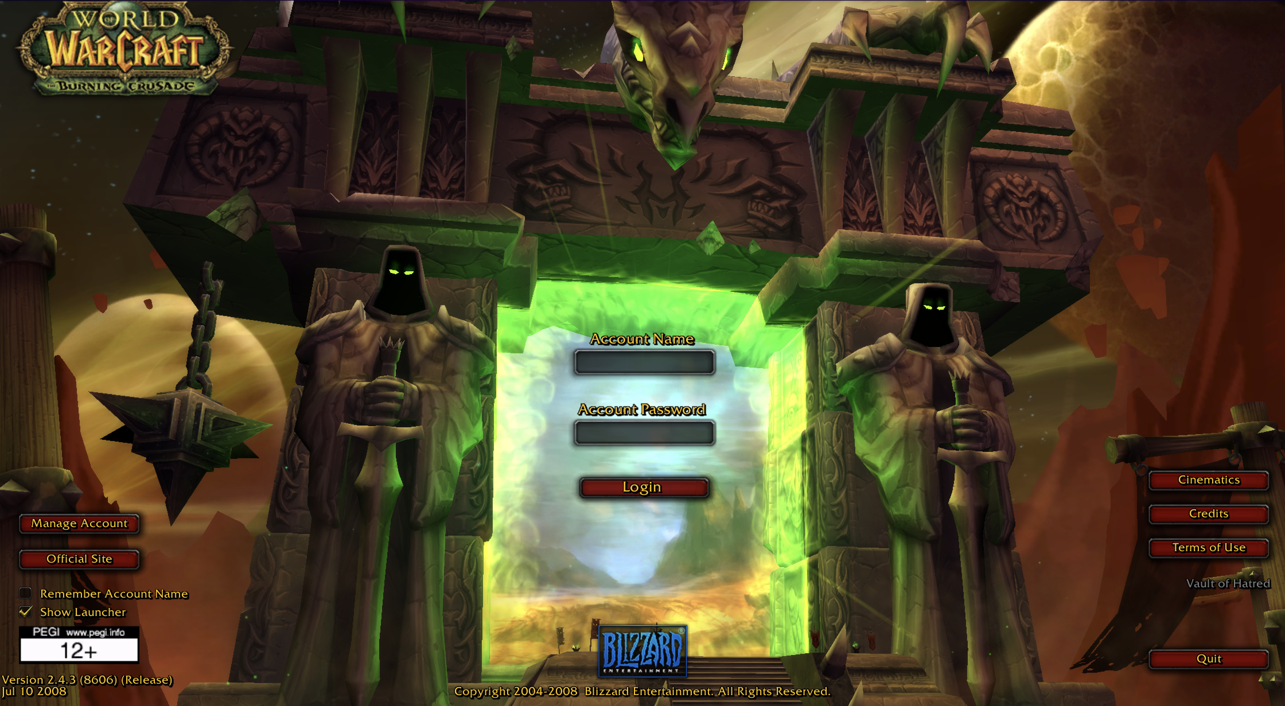World of Warcraft: The Burning Crusade 2.4.3 in-game login screen showing the Account Name, Account Password and Login controls